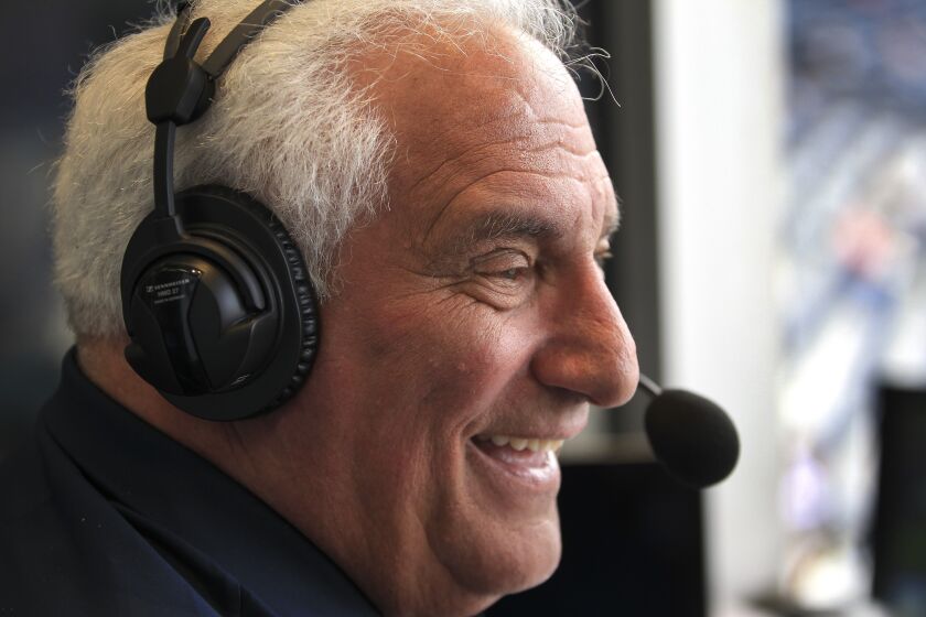 SAN DIEGO, April 8, 2017 | Padres radio announcer Ted Leitner in the Padres home radio booth at Petco Park in San Diego on Saturday. | Photo by Hayne Palmour IV/San Diego Union-Tribune/Mandatory Credit: HAYNE PALMOUR IV/SAN DIEGO UNION-TRIBUNE/ZUMA PRESS San Diego Union-Tribune Photo by Hayne Palmour IV copyright 2016