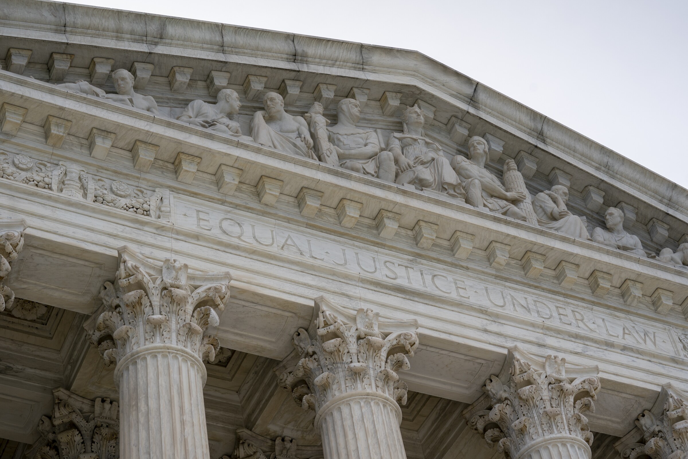 The pediment of the Supreme Court building, which is inscribed "Equal Justice Under Law." 