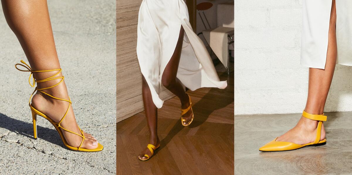 Three styles of mustard-yellow sandals by Tamara Mellon