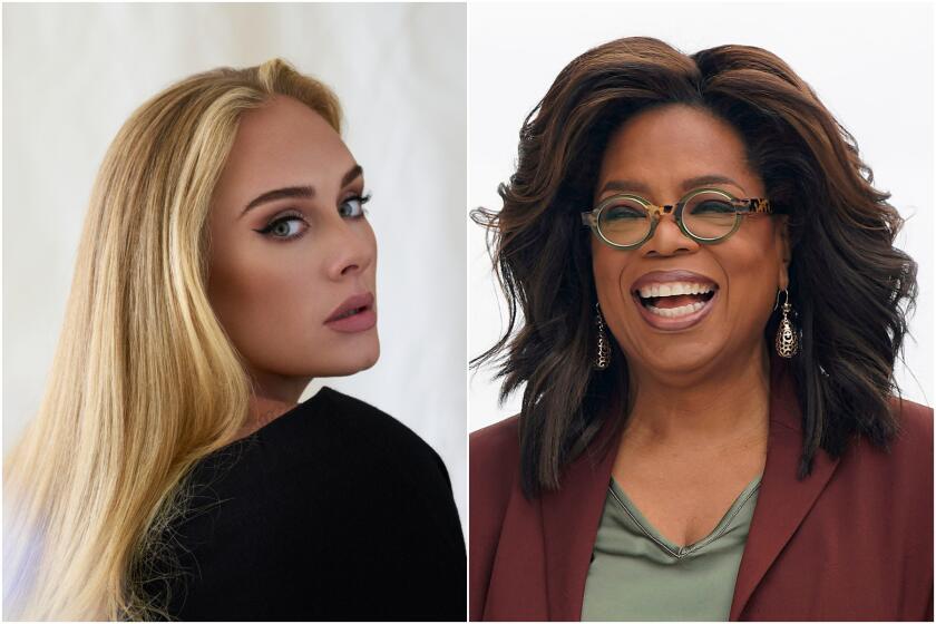 A split image of a blond woman looking over her shoulder and a brunette woman wearing glasses and laughing