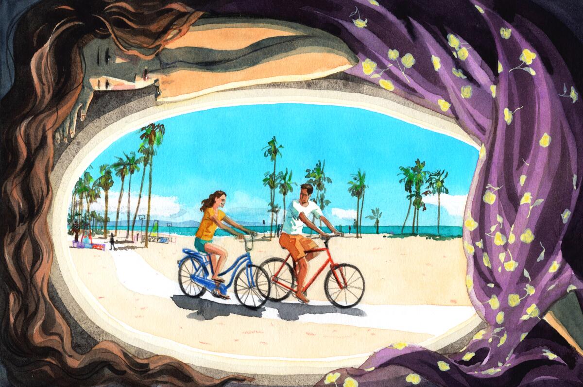 A woman is wrapped around a vignette of her and a man on bikes at the beach.