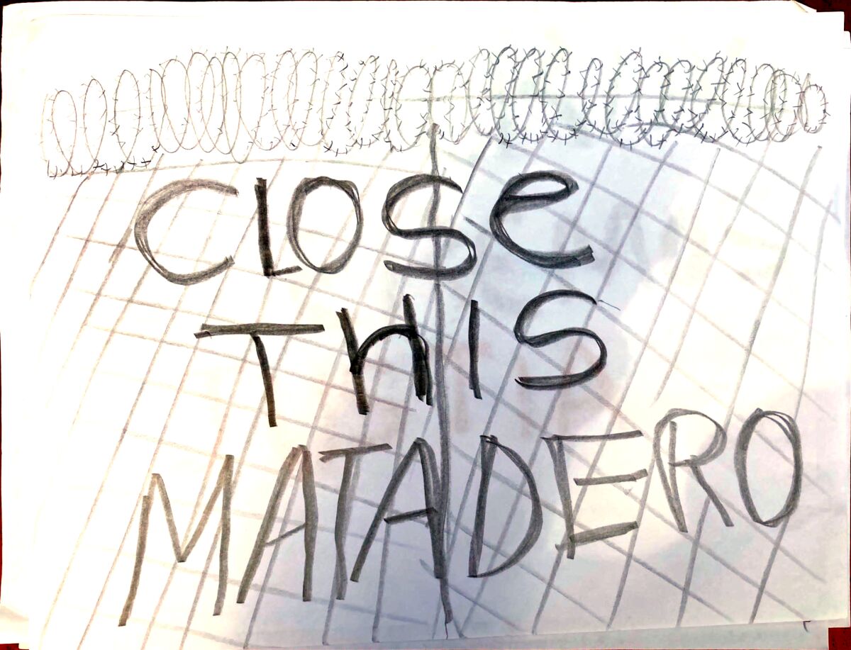 A drawing supporting the Georgia immigration detainees states, "Close this matadero," or "Close this slaughterhouse."