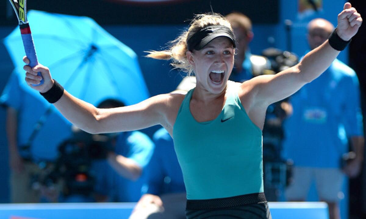 Eugenie Bouchard celebrates her quarterfinal victory over Ana Ivanovic at the Australian Open on Tuesday.