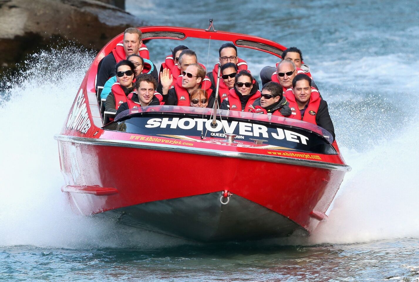 The duke and duchess travel on the Shotover Jet on the Shotover River in Queenstown, New Zealand.