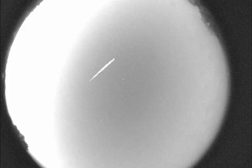 This photo provided by NASA shows an Eta Aquarid meteor streaking over northern Georgia on April 29, 2012. The Eta Aquarid meteor shower peaks this weekend. Astronomers say it should be visible in both hemispheres. (B. Cooke/Marshall Space Flight Center/NASA via AP)