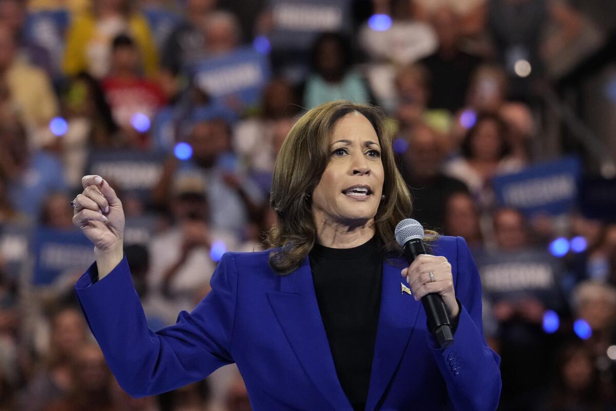 La vicepresidenta Kamala Harris sostiene un micrófono y habla en un mitin.