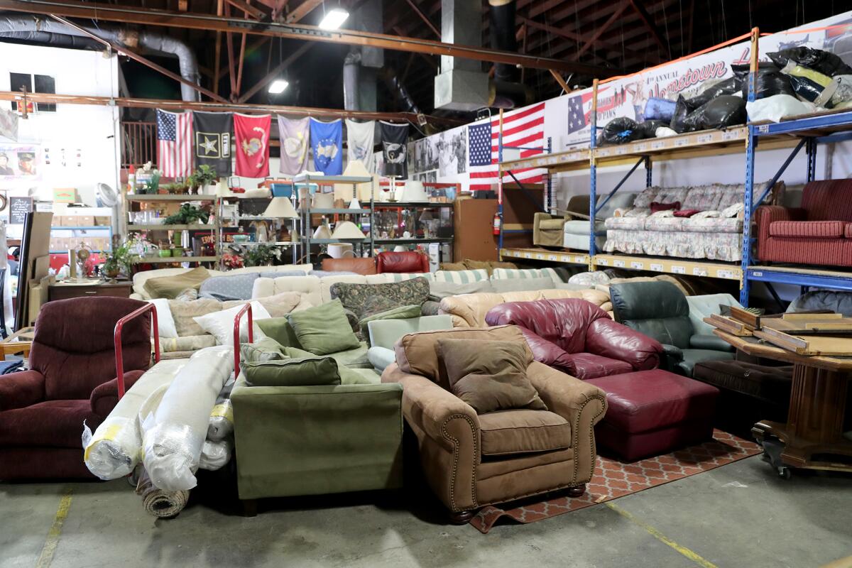 A variety of home furnishings in the showroom at Patriots and Paws in Anaheim.