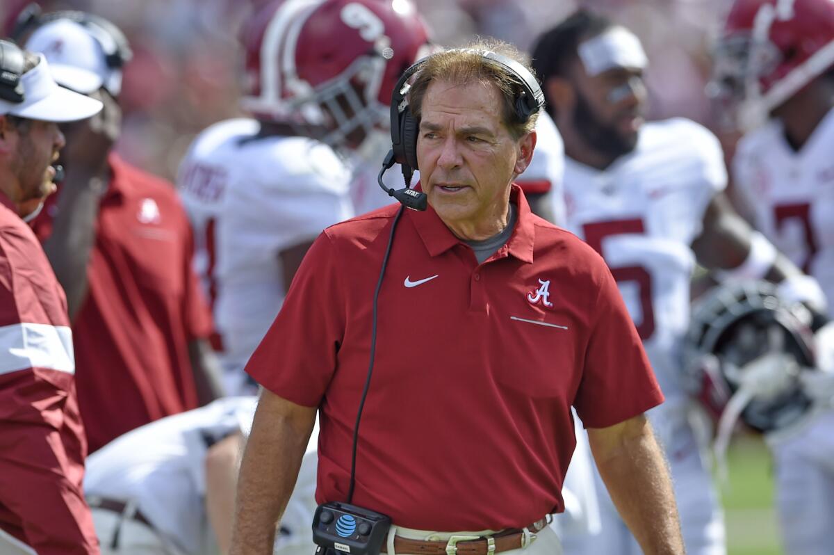 Alabama coach Nick Saban looks on from the sideline during Saturday's win over South Carolina.