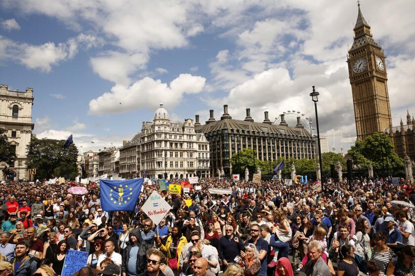 Thousands of people gathered in London's Parliament Square on July 2, 2016, to protest Britain's vote to leave the European Union.