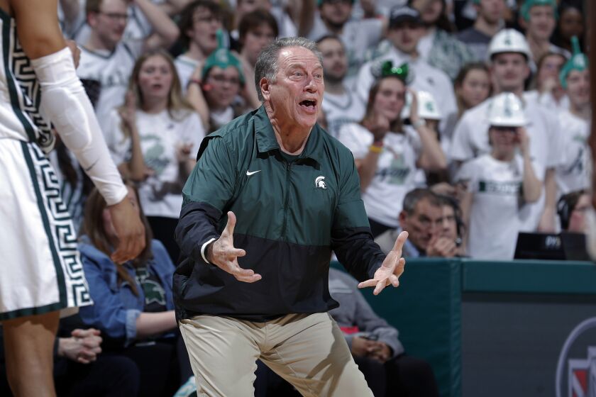 Michigan State coach Tom Izzo reacts during the first half of an NCAA college basketball game against Maryland, Tuesday, Feb. 7, 2023, in East Lansing, Mich. (AP Photo/Al Goldis)