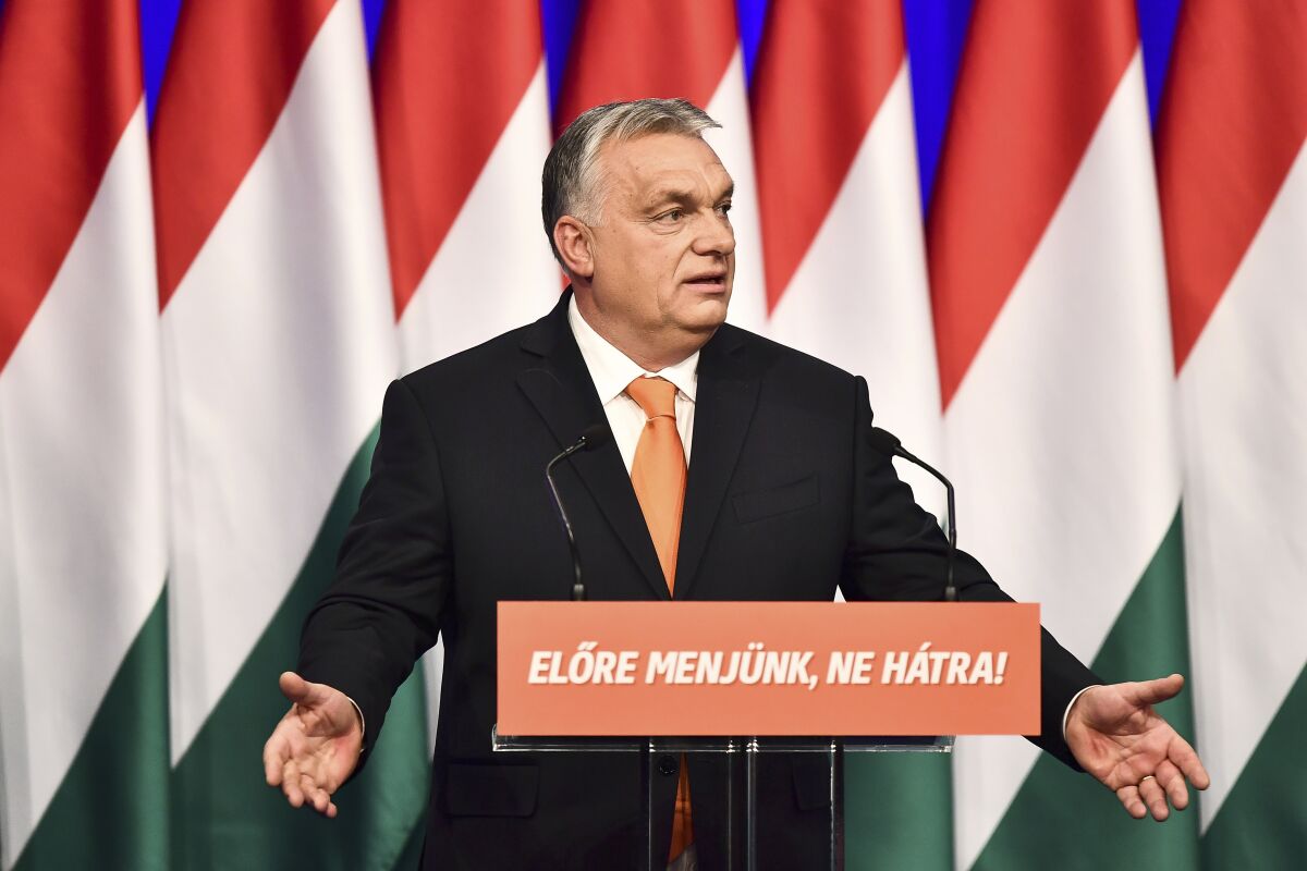 Viktor Orban, Hungary's nationalist Prime Minister delivers his annual state of the nation speech at the Varkert Bazaar conference hall, in Budapest, Hungary, Feb 12, 2022. As Hungary's nationalist prime minister Viktor Orban seeks a fourth straight term in office, a coalition of opposition parties are framing the Sunday election as a referendum on Hungary's future in the West. The election campaign has been transformed by the war in neighboring Ukraine. (AP Photo/Anna Szilagyi)