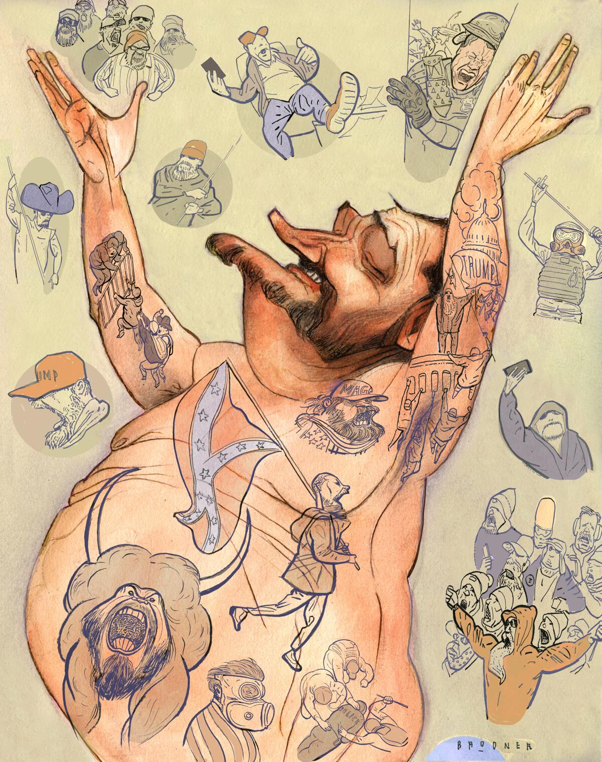 Caricature of Ted Cruz with torso tattooed with images from Jan. 6 Capitol attack