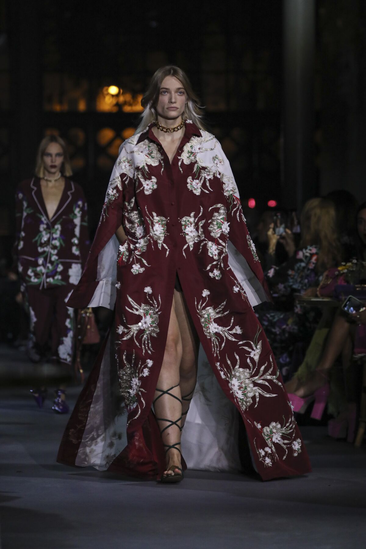 A model wears a creation for the Valentino Spring-Summer 2022 ready-to-wear fashion show presented in Paris, Friday, Oct. 1, 2021. (Photo by Vianney Le Caer/Invision/AP)