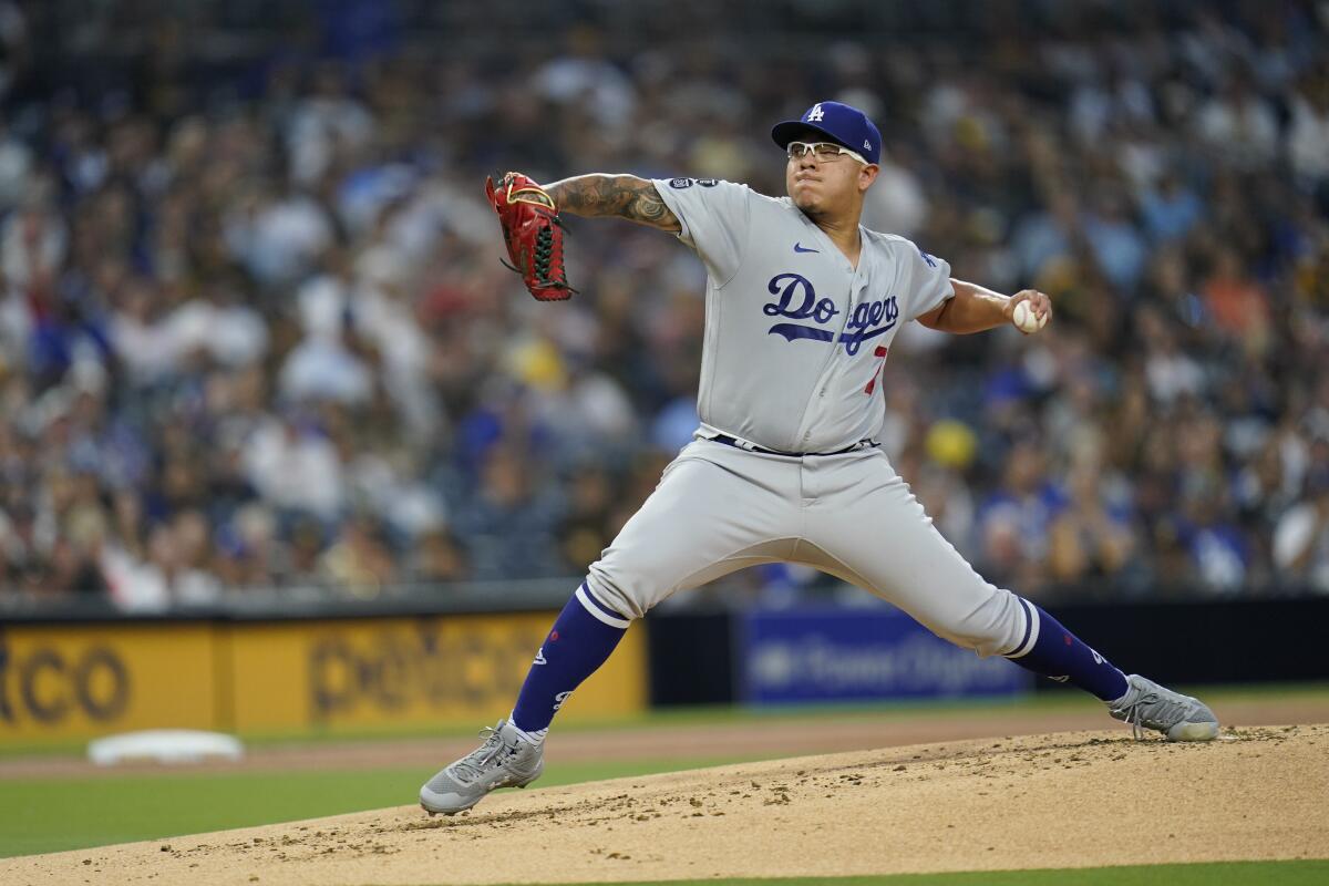 Dodgers starting pitcher Julio Urías delivers against the San Diego Padres on Tuesday.
