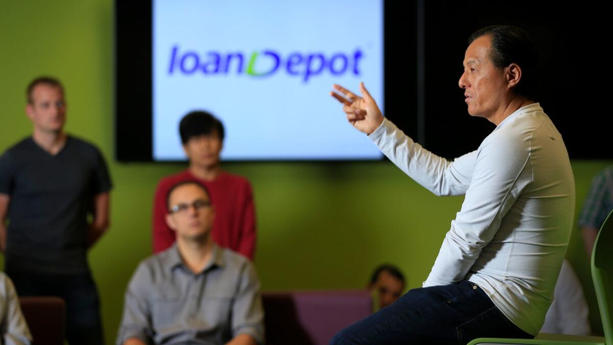 Anthony Hsieh, CEO and founder of online mortgage lender LoanDepot, speaks to employees in Lake Forest last year.