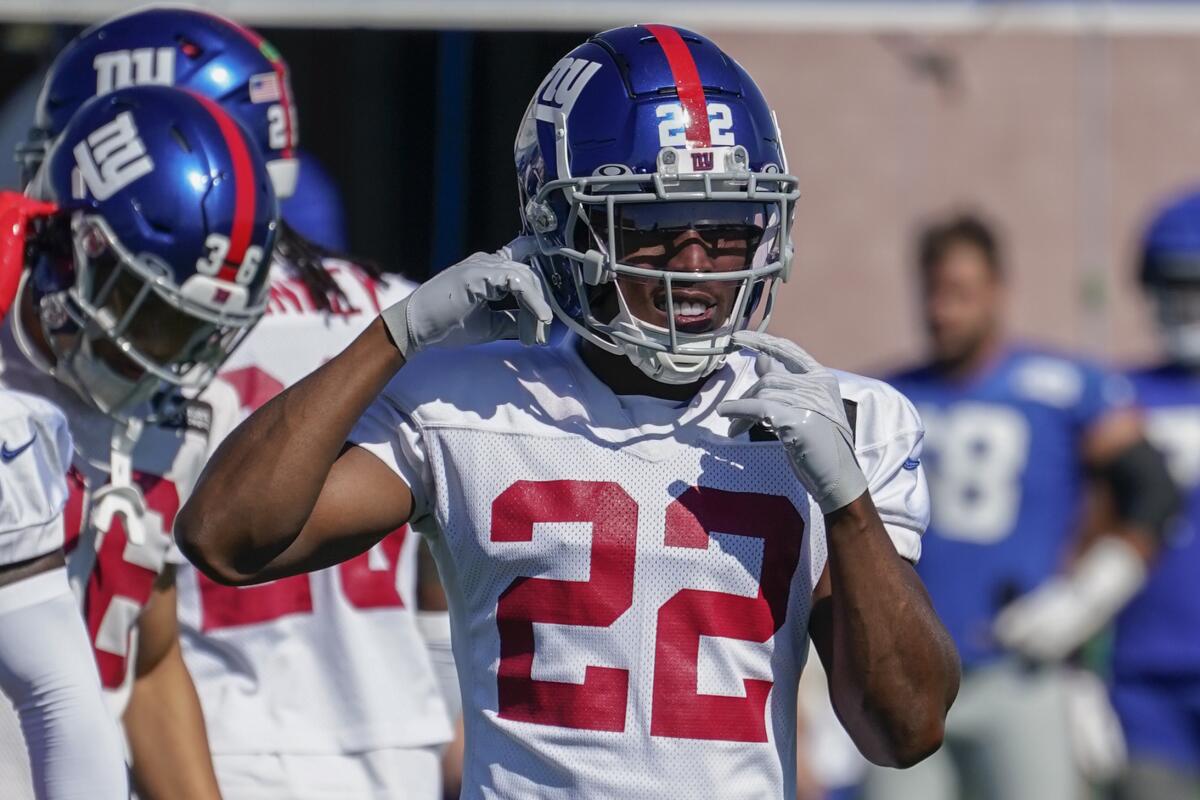 New York Giants' Dane Belton (36) participates in a practice at