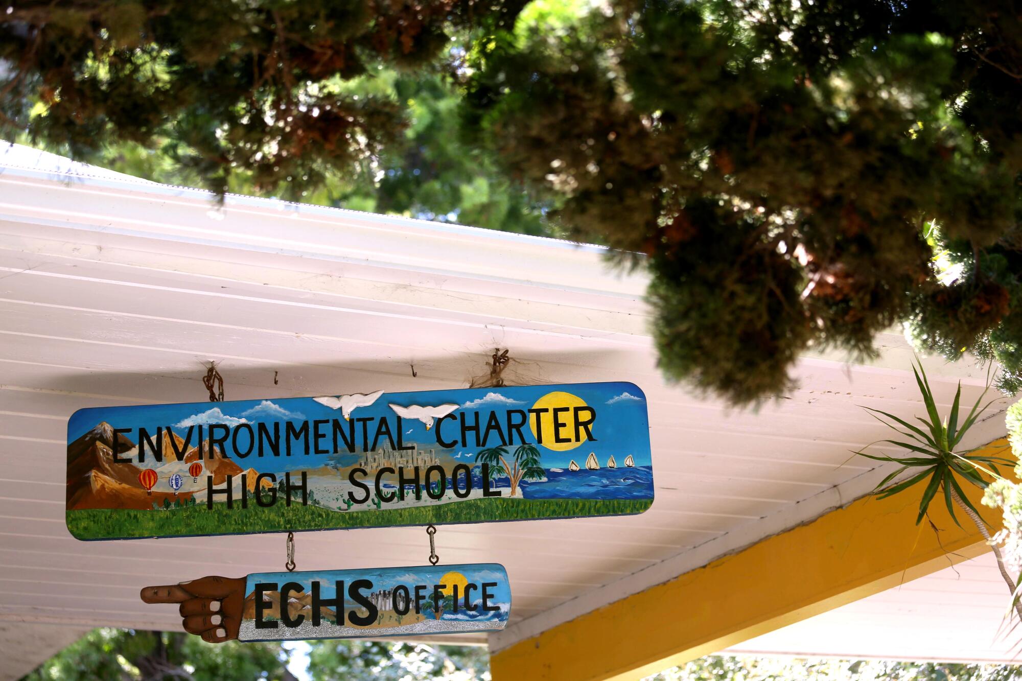 A sign for Environmental Charter High School in Lawndale 