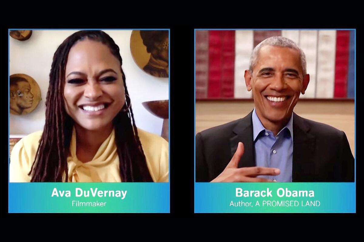 Filmmaker Ava DuVernay and former President Obama talk during an L.A. Times Community Book Club discussion