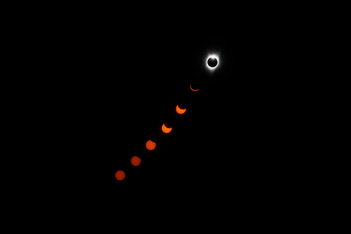 The various stages of the Great American Eclipse are captured in a multiple-exposure image from Salem, Ore.