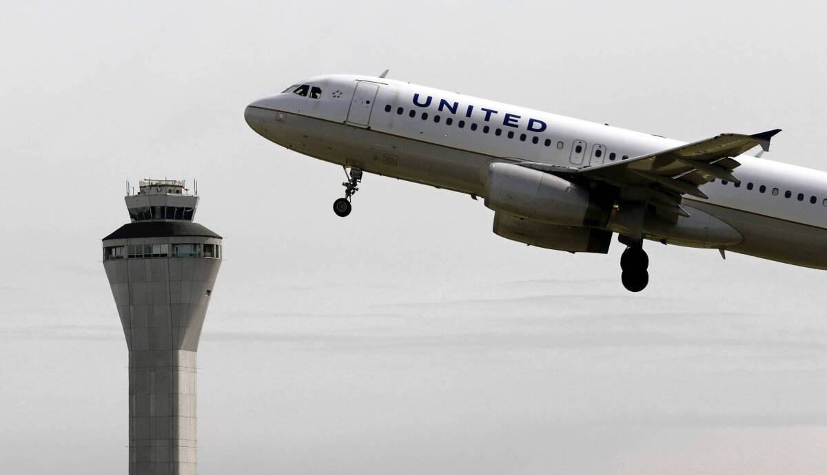 The on-time rate for airlines at the nation's largest airports dropped to an average of about 73% on Monday, compared with 82% the previous Monday, according to Flightstats, a website that monitors airline performance rates. Above, a United Airlines jet departs in view of the air traffic control tower at Seattle-Tacoma International Airport in Seattle.