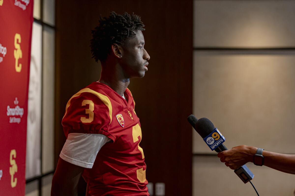 USC wide receiver Jordan Addison answers questions during USC media day Thursday.