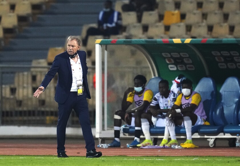 Ghana's head coach Milovan Rajevac reacts during the African Cup of Nations 2022 group C soccer match between Gabon and Ghana at the Ahmadou Ahidjo stadium in Yaounde, Cameroon, Friday, Jan. 14, 2022. (AP Photo/Themba Hadebe)