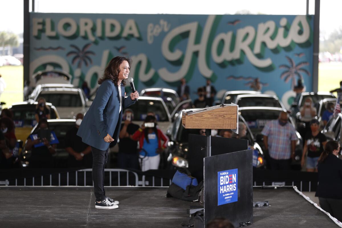  Sen. Kamala Harris speaks at the Central Florida Fairgrounds on Oct. 19 in Orlando.