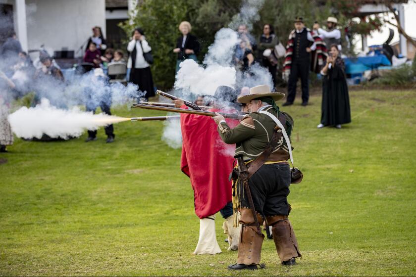 MONTEBELLO, CA - JANUARY 11, 2020: Mexican soldiers "fire" their muskets at American infantry during the reenactment of the 1847 Battle of Rio San San Gabriel presented by the Montebello Historical Society on the grounds of the Juan Matias Sanchez Adobe Museum on January 11, 2020 in Montebello, California.(Gina Ferazzi/Los AngelesTimes)