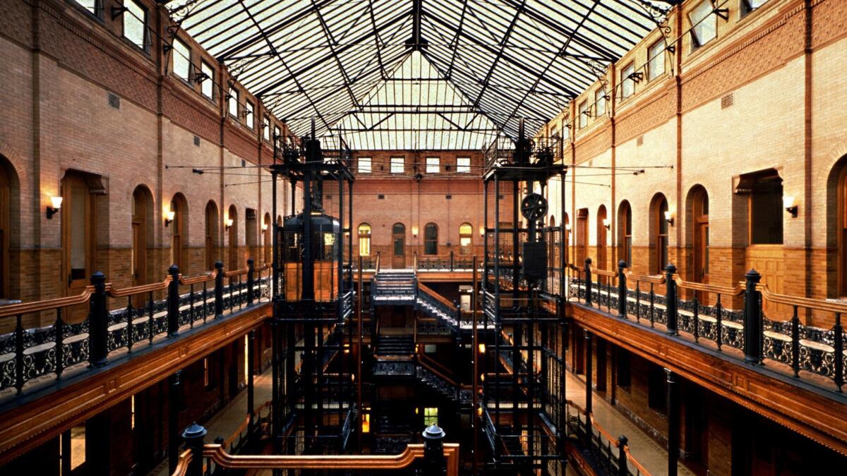 The the Atrium area of The Bradbury Building ikn downtown Los Angeles