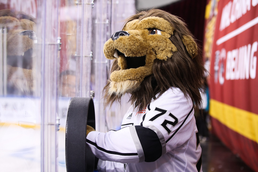 BEIJING, CHINA - SEPTEMBER 23: The Los Angeles Kings mascot Bailey looks on during the pre-season game.
