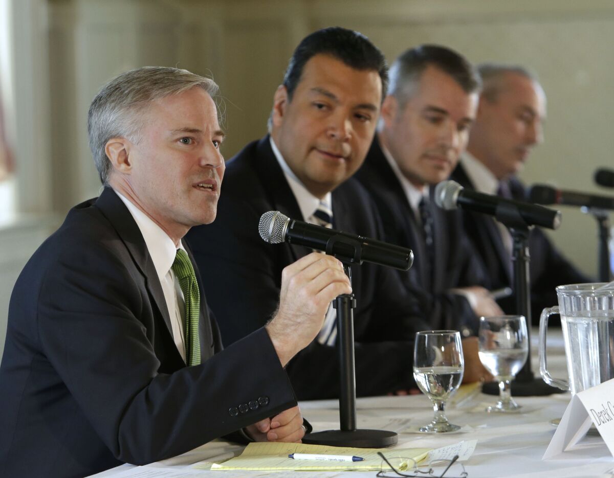 Derek Cressman, left, speaks during a candidate forum in Sacramento. Others there were state Sen. Alex Padilla, second from left, Pete Peterson and Dan Schnur. They and three other candidates debated again Tuesday in San Diego.