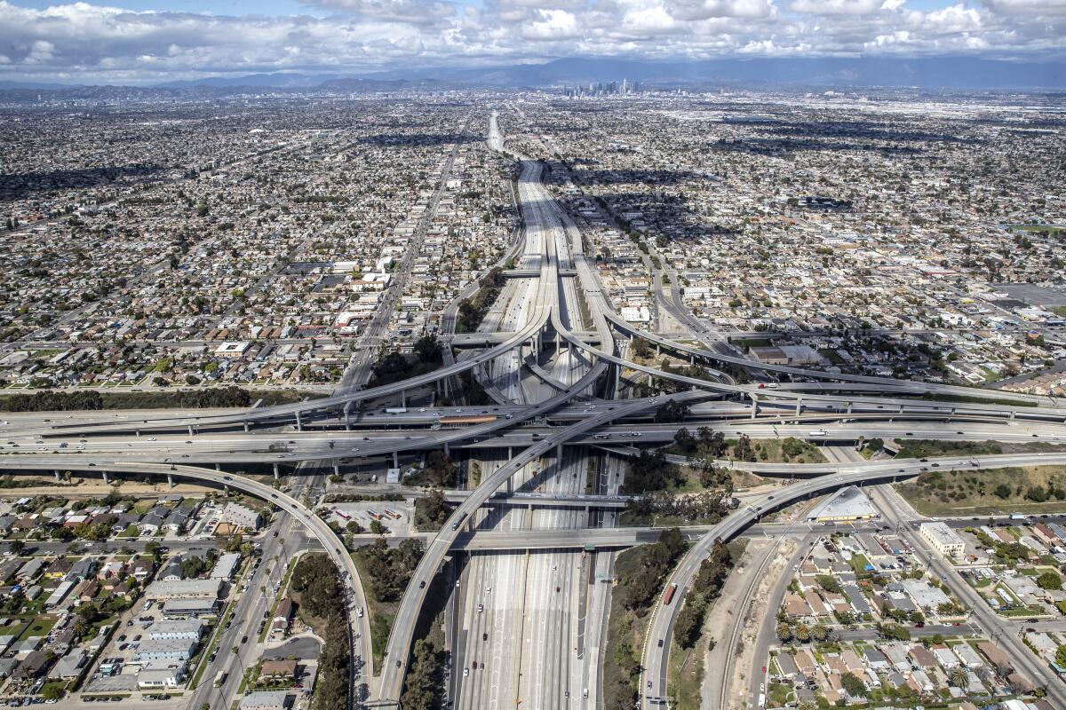 A nearly empty freeway interchange.