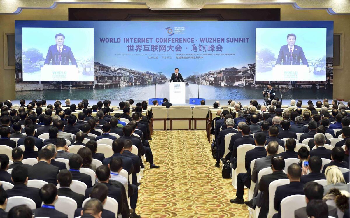 In this photo released by New China News Agency, Chinese President Xi Jinping delivers a keynote speech at the opening ceremony of the second World Internet Conference on Dec. 16.