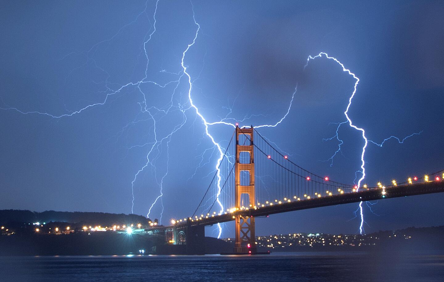 Lightning strikes over the Golden Gate Bridge in San Francisco.