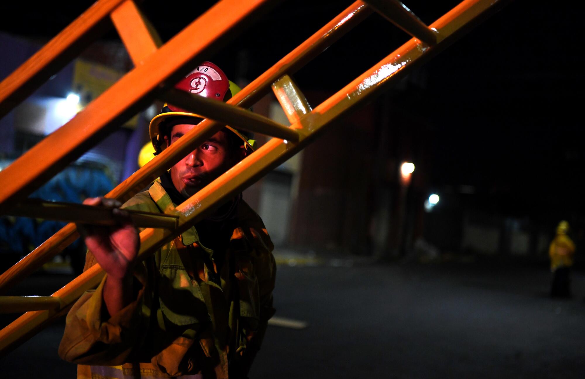 Firefighter Ian Soriano during a training session on skid row