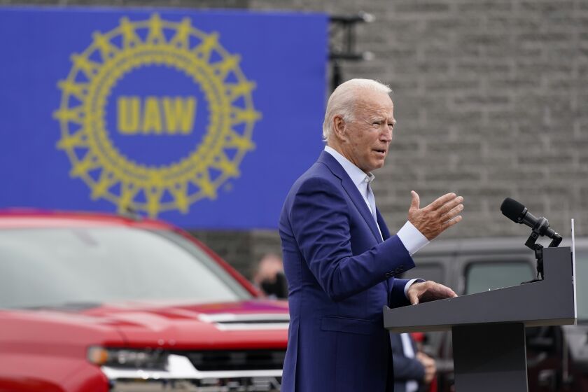Democratic presidential candidate former Vice President Joe Biden speaks at a campaign event on manufacturing and buying American-made products at UAW Region 1 headquarters in Warren, Mich., Wednesday, Sept. 9, 2020. (AP Photo/Patrick Semansky)