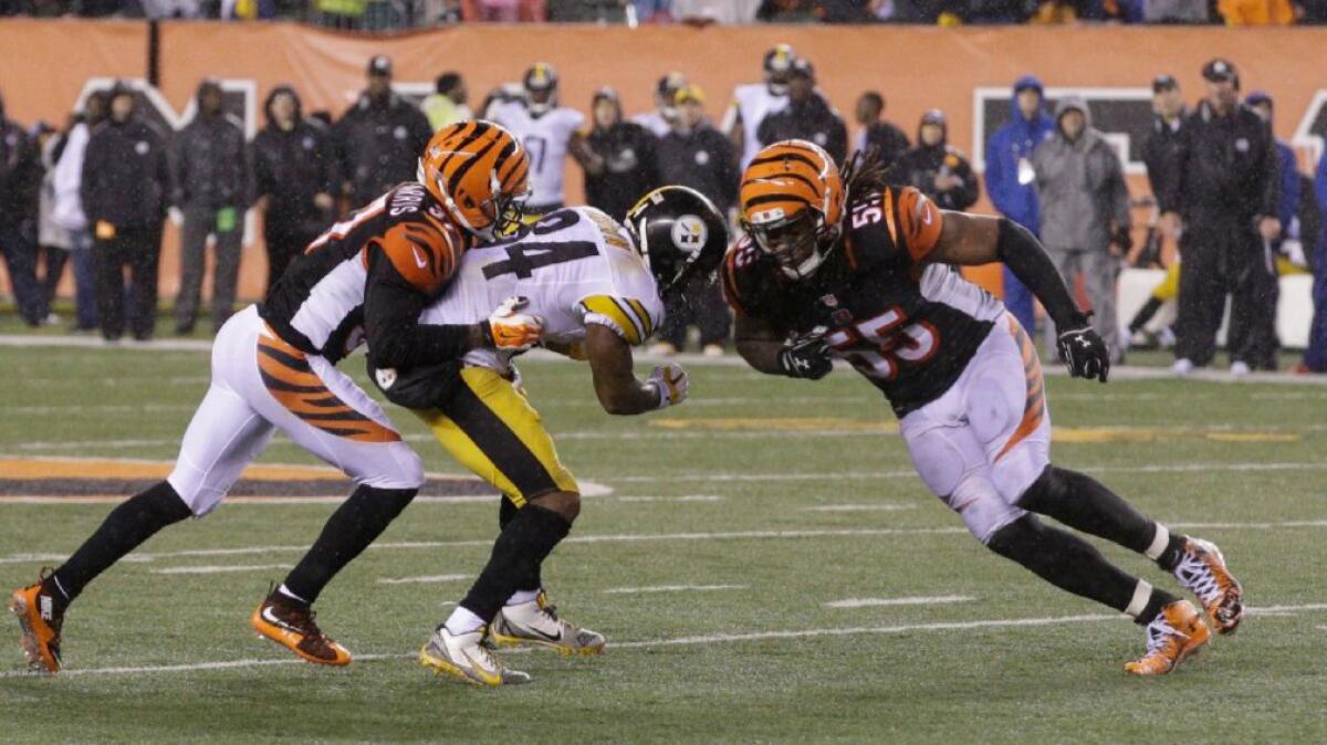 Bengals linebacker Vontaze Burfict (55) was suspended for three games for a helmet-to-helmet hit on Steelers receiver Antonio Brown during a playoff game last year.