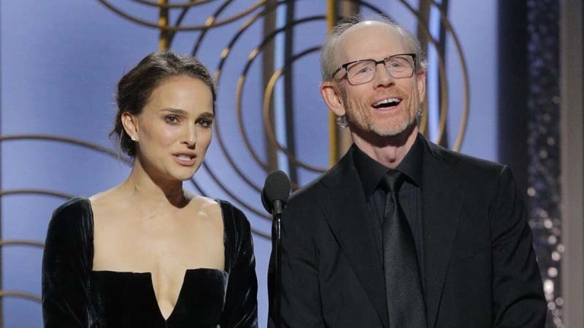 Natalie Portman and Ron Howard present the 2018 Golden Globe for director.