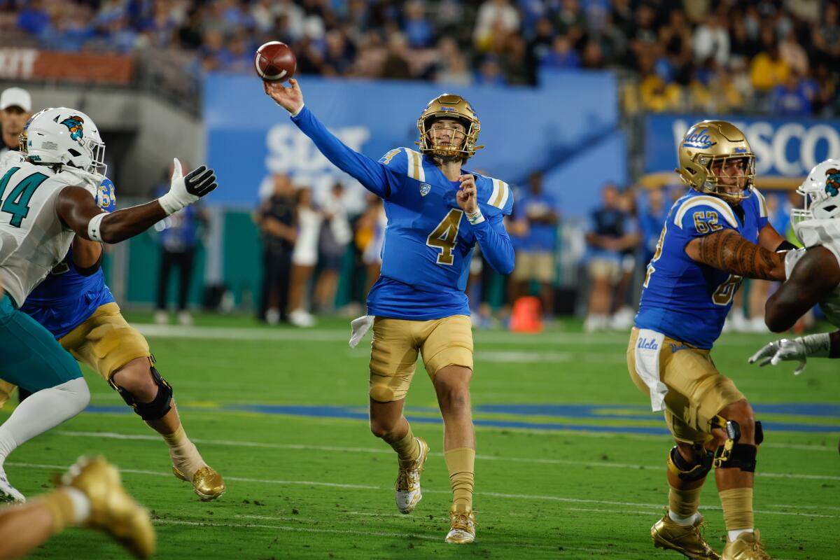 UCLA quarterback Ethan Garbers throws against Coastal Carolina on Saturday.
