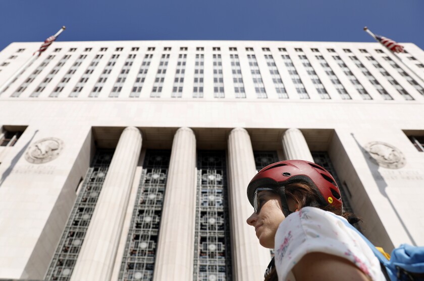 Aimee Gilchrist makes a stop at the U.S. Courthouse in downtown Los Angeles.