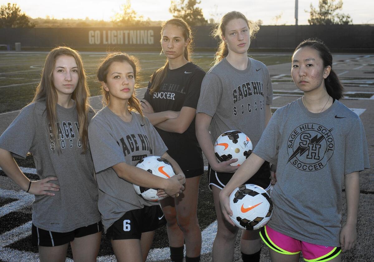 Sage Hill School girls' soccer defenders, from left, Tiffany Taylor, Jaclyn Gerschultz, Rachael Jaffe, Lauren Thunen and Janis Jin return to lead the Lightning.