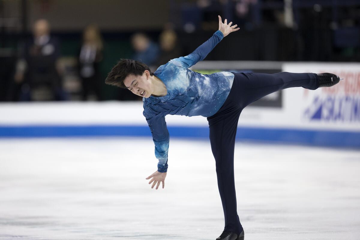 Vincent Zhou performs in the men's free skate program at the U.S. Figure Skating Championships in January.