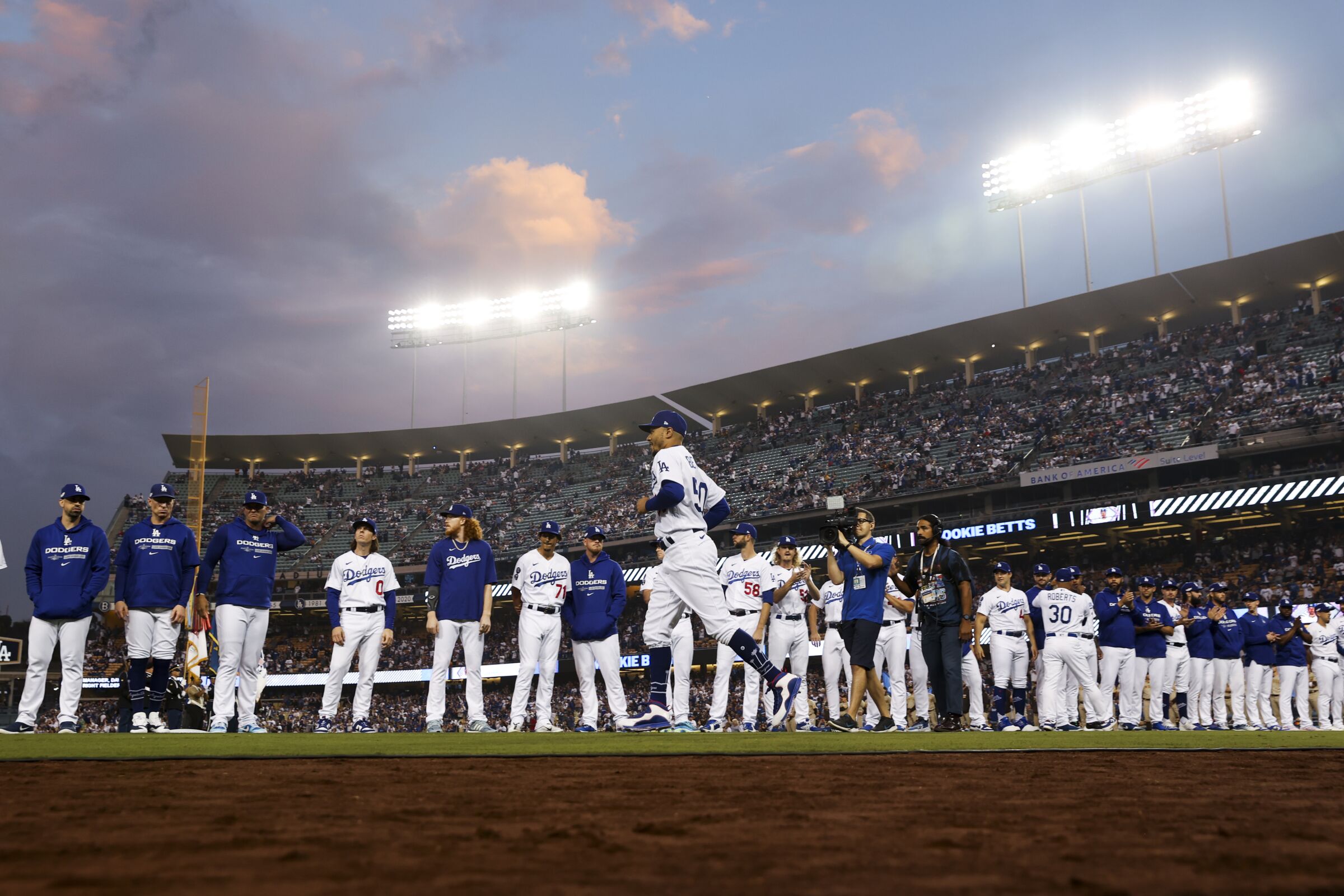 Dodgers right fielder Mookie Betts is introduced before Game 1 of the NLDS against the San Diego Padres at Dodger Stadium.