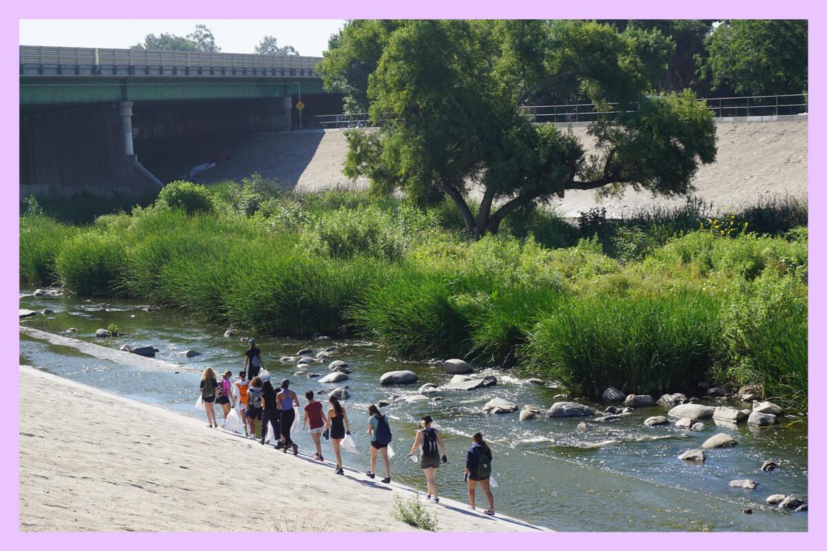 A group of folks walk along the L.A. River on a cleanup effort.