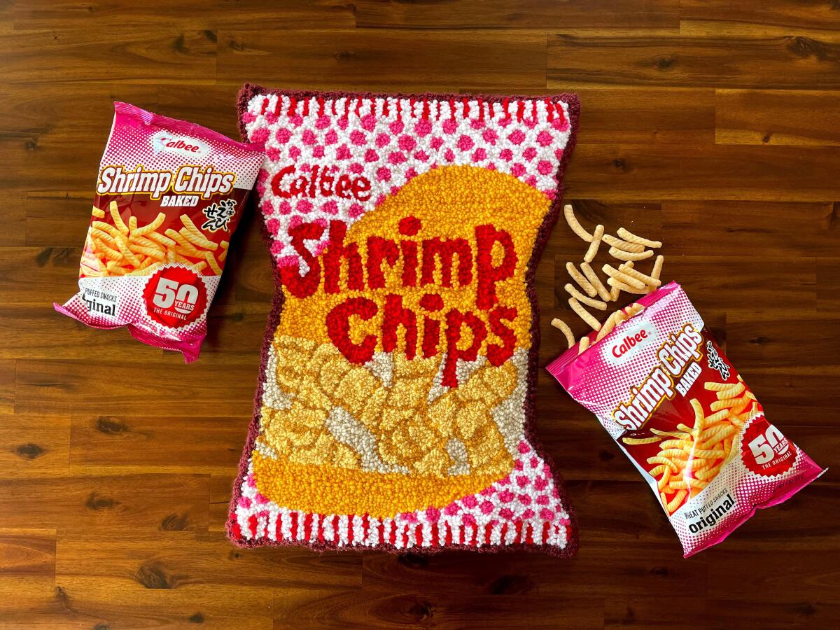 A rug made to look like a bag of shrimp chips. 
