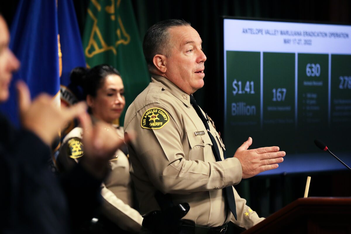 Los Angeles County Sheriff Alex Villanueva speaks during a news conference