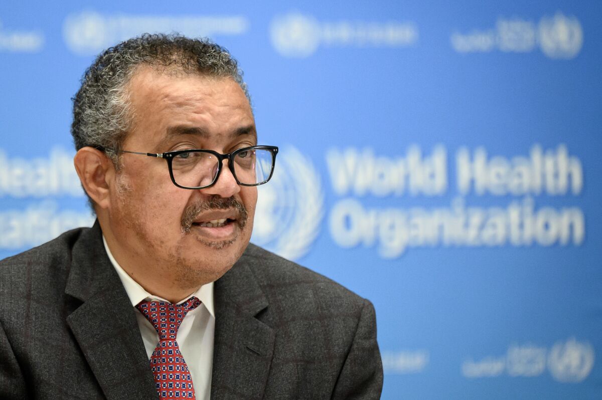 FILE - World Health Organization (WHO) Director-General Tedros Adhanom Ghebreyesus delivers a speech during the launch of a multiyear partnership with Qatar on making the FIFA Football World Cup 2022 and mega sporting events healthy and safe, at the WHO headquarters in Geneva, Switzerland, 18 October 2021. The World Health Organization is pushing for an international accord to help prevent and fight future pandemics amid the emergence of a worrying new omicron COVID-19 variant, WHO Director-General Tedros Adhanom Ghebreyesus said on Monday, Nov. 29, 2021 at the headquarters in Geneva. (Fabrice Coffrini/Keystone via AP, File)