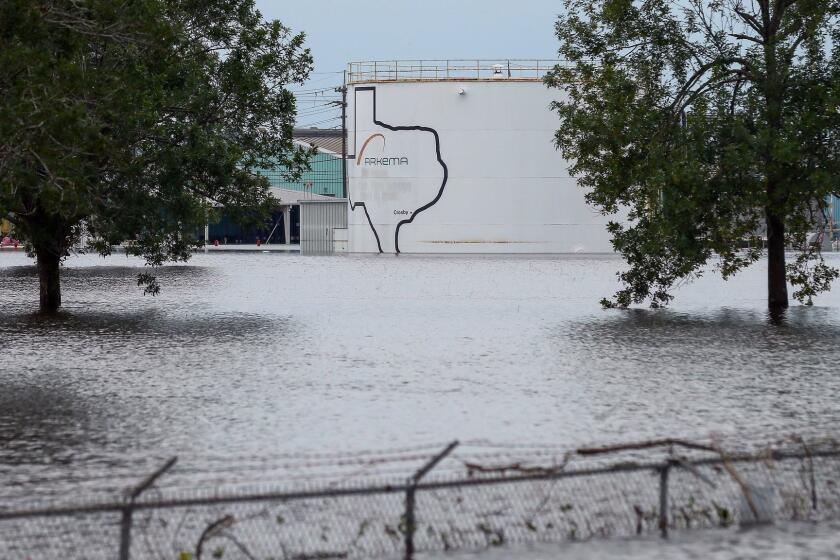 The Arkema Inc. chemical plant is flooded from Tropical Storm Harvey, Wednesday, Aug. 30, 2017, in Crosby, Texas. The plant, about 25 miles (40.23 kilometers) northeast of Houston, lost power and its backup generators amid Harvey???s dayslong deluge, leaving it without refrigeration for chemicals that become volatile as the temperature rises. (Godofredo A. Vasquez/Houston Chronicle via AP)