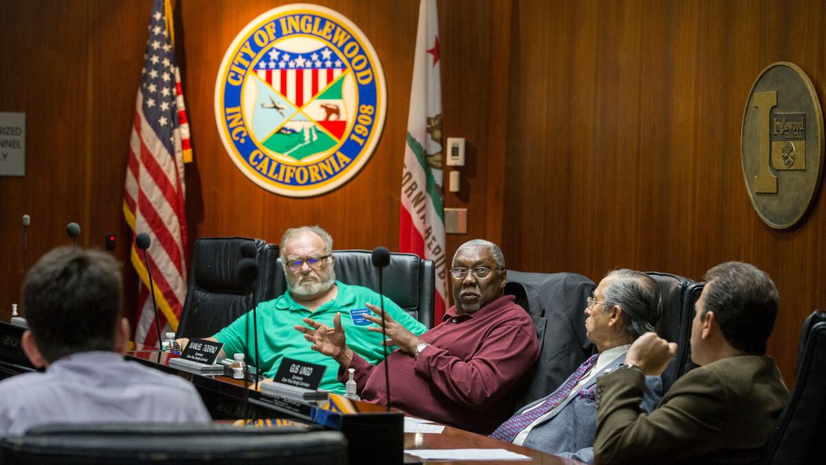 Members of Inglewood's Citizen Police Oversight Commission meet at Inglewood City Hall.