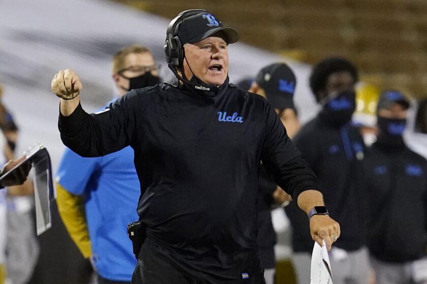 UCLA head coach Chip Kelly argues for a call in the second half of an NCAA college football game.